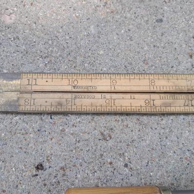 Grouping of wooden handled wood working tools - files - antique folding rulers and more