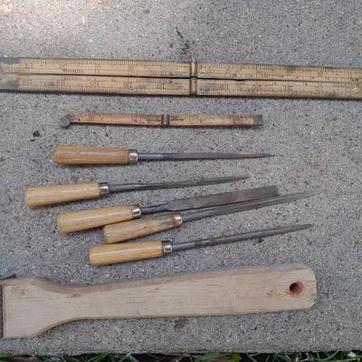 Grouping of wooden handled wood working tools - files - antique folding rulers and more