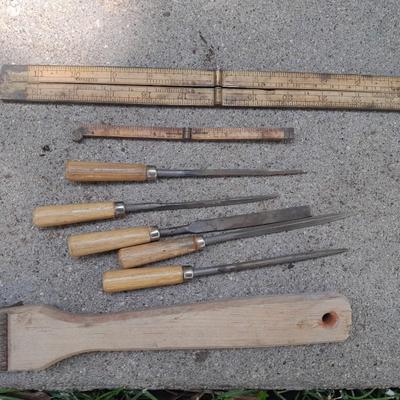 Grouping of wooden handled wood working tools - files - antique folding rulers and more