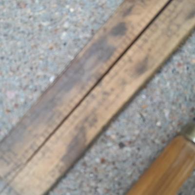 Grouping of wooden handled wood working tools - files - antique folding rulers and more