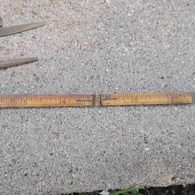Grouping of wooden handled wood working tools - files - antique folding rulers and more