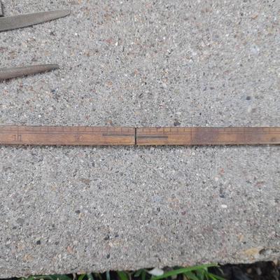 Grouping of wooden handled wood working tools - files - antique folding rulers and more