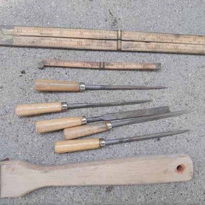 Grouping of wooden handled wood working tools - files - antique folding rulers and more