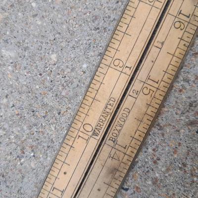 Grouping of wooden handled wood working tools - files - antique folding rulers and more