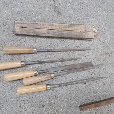 Grouping of wooden handled wood working tools - files - antique folding rulers and more