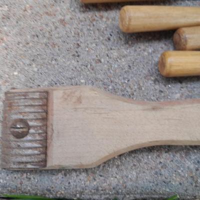 Grouping of wooden handled wood working tools - files - antique folding rulers and more