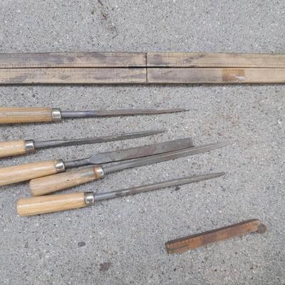 Grouping of wooden handled wood working tools - files - antique folding rulers and more