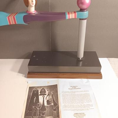1987 JW Eaton Postmodern Pink and Blue Wooden Sculpture "Lamppost Flyer"