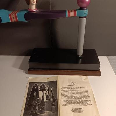 1987 JW Eaton Postmodern Pink and Blue Wooden Sculpture "Lamppost Flyer"