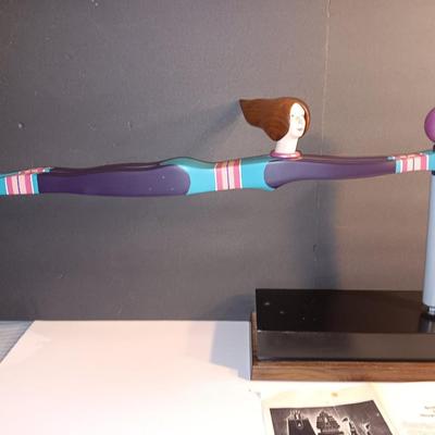 1987 JW Eaton Postmodern Pink and Blue Wooden Sculpture "Lamppost Flyer"