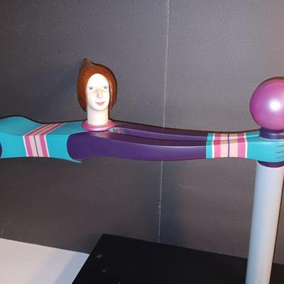 1987 JW Eaton Postmodern Pink and Blue Wooden Sculpture "Lamppost Flyer"