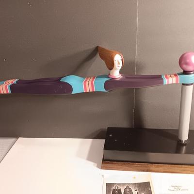 1987 JW Eaton Postmodern Pink and Blue Wooden Sculpture "Lamppost Flyer"