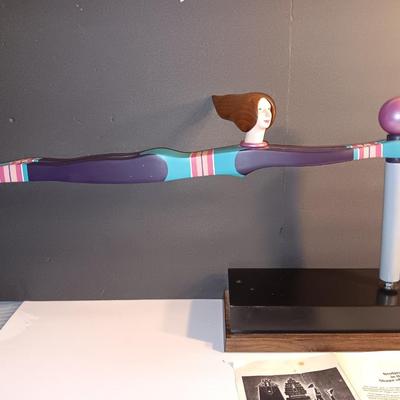 1987 JW Eaton Postmodern Pink and Blue Wooden Sculpture "Lamppost Flyer"