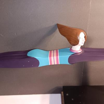 1987 JW Eaton Postmodern Pink and Blue Wooden Sculpture "Lamppost Flyer"