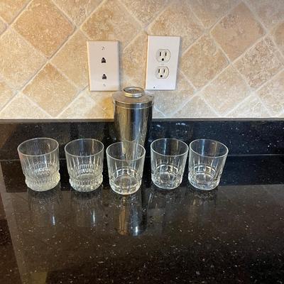 5 rocks glasses and shaker