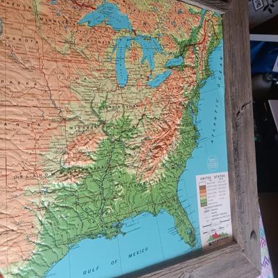 TOPOGRAPHIC US MAP IN BARN WOOD FRAME WITH MARKABLE SURFACE