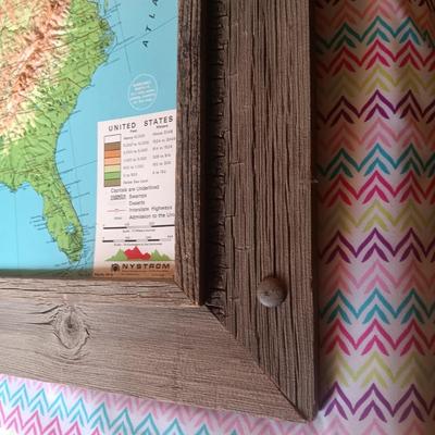 TOPOGRAPHIC US MAP IN BARN WOOD FRAME WITH MARKABLE SURFACE