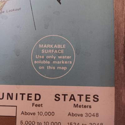 TOPOGRAPHIC US MAP IN BARN WOOD FRAME WITH MARKABLE SURFACE