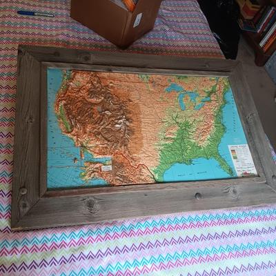 TOPOGRAPHIC US MAP IN BARN WOOD FRAME WITH MARKABLE SURFACE