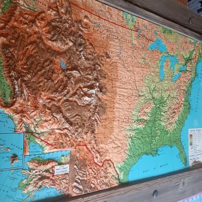 TOPOGRAPHIC US MAP IN BARN WOOD FRAME WITH MARKABLE SURFACE
