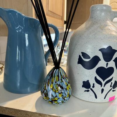 Frankhoma,Milk glass and Green blown Glass vase