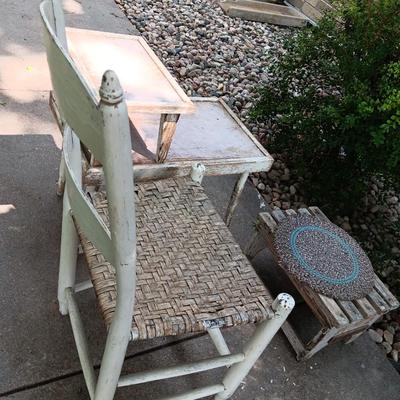 Primitive farmhouse decor chair - footstool - and step table