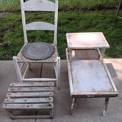 Primitive farmhouse decor chair - footstool - and step table