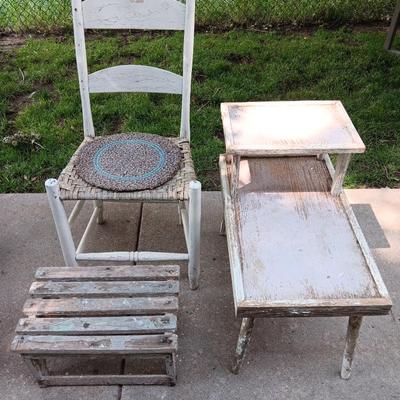 Primitive farmhouse decor chair - footstool - and step table