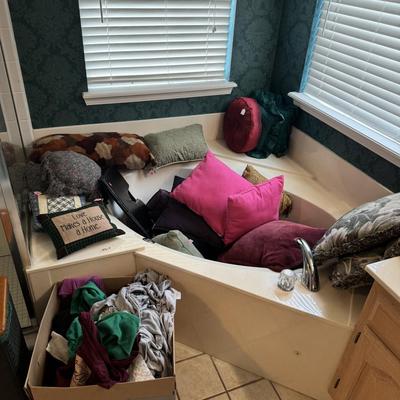 Pillows, hamper, & clothes
