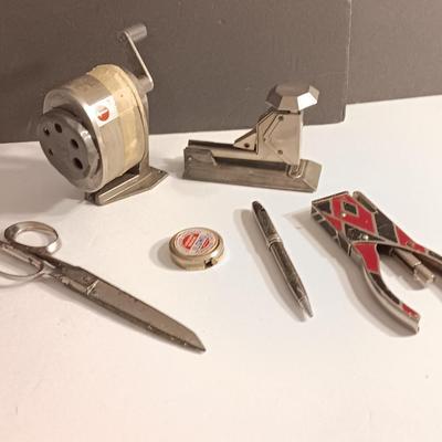 Vintage Art deco office supplies - Juwel Stapler- Neva-Clog stapler- Apsco pencil sharpener - union made tape measure
