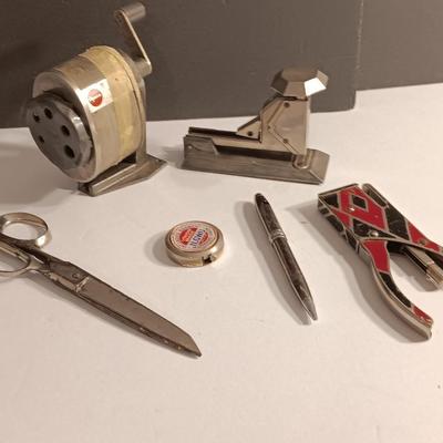Vintage Art deco office supplies - Juwel Stapler- Neva-Clog stapler- Apsco pencil sharpener - union made tape measure
