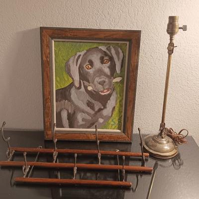 Framed painting of Black lab - Antique lamp and really cool wall mount folding coat hanger