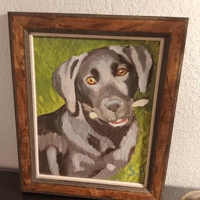 Framed painting of Black lab - Antique lamp and really cool wall mount folding coat hanger