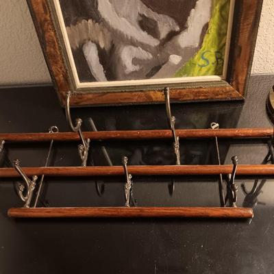 Framed painting of Black lab - Antique lamp and really cool wall mount folding coat hanger