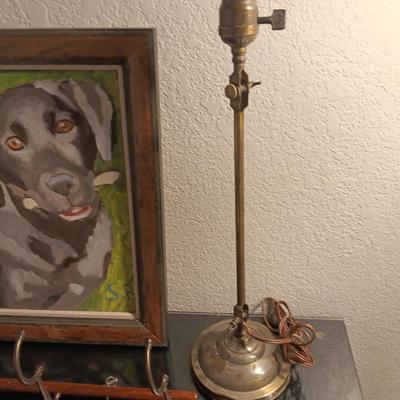 Framed painting of Black lab - Antique lamp and really cool wall mount folding coat hanger
