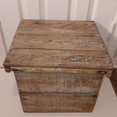 Farmhouse style wooden box with lid and antique cutting boards