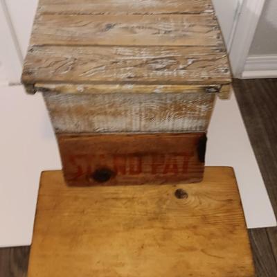 Farmhouse style wooden box with lid and antique cutting boards