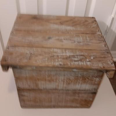 Farmhouse style wooden box with lid and antique cutting boards