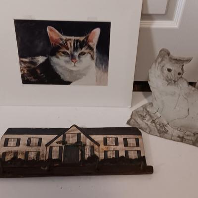 matted Cat print - clay cat statue and a house key hook