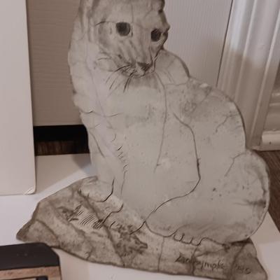 matted Cat print - clay cat statue and a house key hook