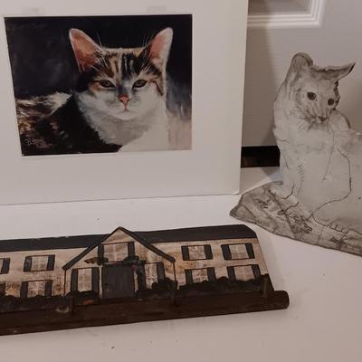 matted Cat print - clay cat statue and a house key hook