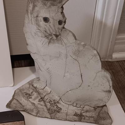 matted Cat print - clay cat statue and a house key hook