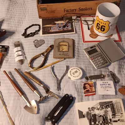 "Junk Drawer" lot - Wooden Factory smokers' box full of trinkets