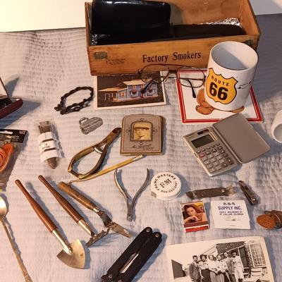 "Junk Drawer" lot - Wooden Factory smokers' box full of trinkets