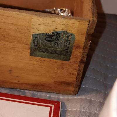 "Junk Drawer" lot - Wooden Factory smokers' box full of trinkets