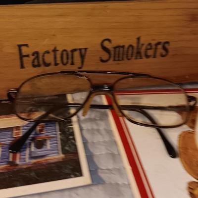 "Junk Drawer" lot - Wooden Factory smokers' box full of trinkets