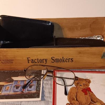"Junk Drawer" lot - Wooden Factory smokers' box full of trinkets