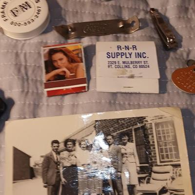 "Junk Drawer" lot - Wooden Factory smokers' box full of trinkets