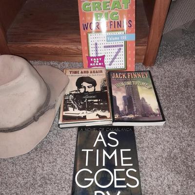 Neat old custom-made Wind River Wyoming Hat Co. cowboy hat with Carhart vest - pair of gloves and a few books