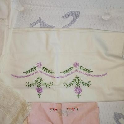 EMBROIDERED PILLOW CASES & TEA TOWELS, LINEN TABLECLOTHS